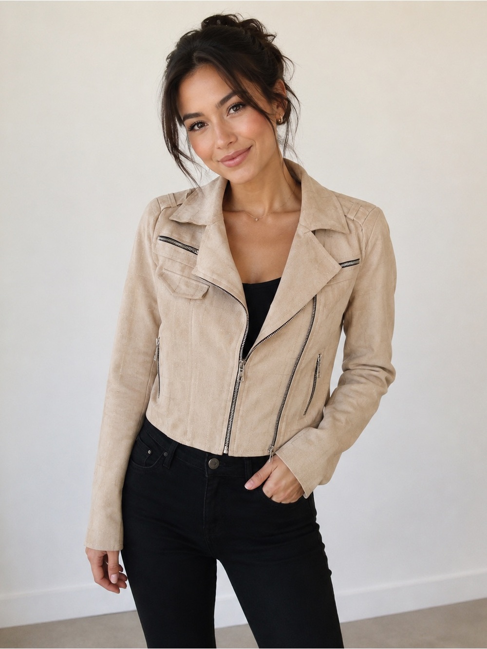 Stylish Beige Faux Leather Jacket for Women
